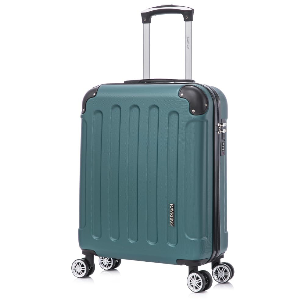 RAYKONG Maleta Cabina ABS 55x40x20cm (44L) - Maxima aprovechamiento de Capacidad - 4 Ruedas Giratorias Dobles con 360ª - Candado Incrustado - Verde