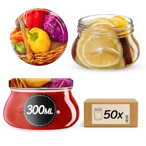 KADAX Tarros de mermelada de 300 ml con tapa de rosca fi82 mm, tarros pequeños para miel y especias, tarros de mermelada con tapa, tarros herméticos para regalar (pimientos, 50 unidades)