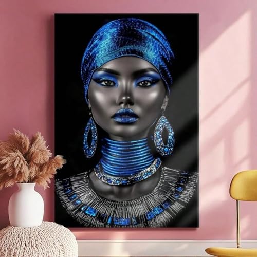 Art mural africain : toile femme bleue 80x140 cm encadrée pour chambre