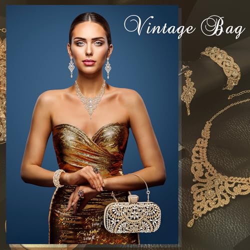 Image of Quelay 4 Pcs Purse Rhinestone Jewelry Set for Wedding Bridal Women Evening Clutch Bag Necklace Dangle Earrings Bracelets