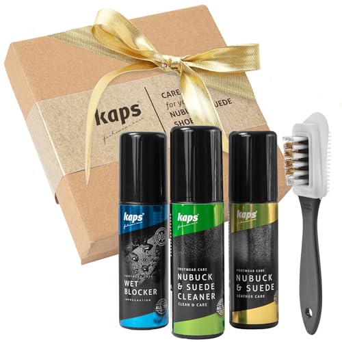 Kaps Kit Completo de Limpieza y Cuidado de Zapatos, Set de Cuidado de Zapatos para Botas y Zapatos de Nobuck y Ante, Kit de Limpieza de Calzado con Caja