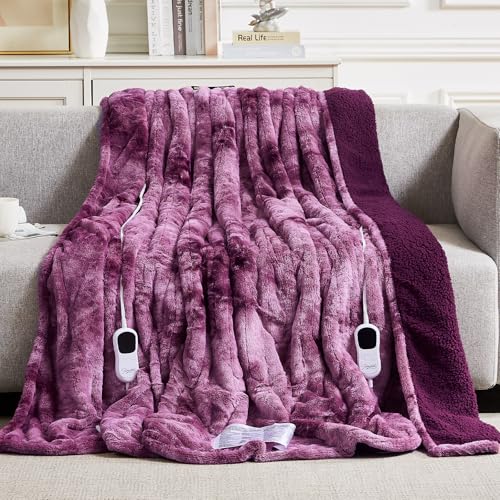 Image of Homemate Electric Heated Blanket Queen Size - 84 inchx90 inch Heating Blanket Queen Size Dual Control 1 /2 /4 /6 /8 Hours Auto-Off 10 Heat Level Over-Heat Protection Luxury Faux Fur Sherpa ETL Certification