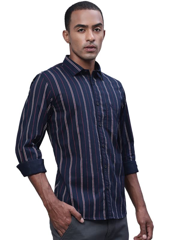 Image of Cantabil Men Cotton Striped Navy Blue Full Sleeve Casual Shirt (P MSHC00509 Navy)