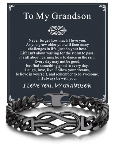 Bandmax to My Granson Bracelet Gift for Grandmother Grandfather Black Stainless Steel Infinity Knot Love Link Bracelets 8 Inch Hand Chains Birthday Christmas Graduation Gift for Grandson