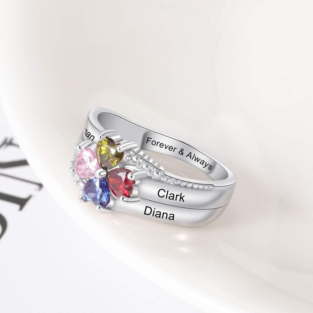Love Jewelry Personalized Sterling Silver Mothers Rings with 4 Heart Simulated Birthstones Family Names Mom Rings Anniversary Mothers Day Rings for Women (7)