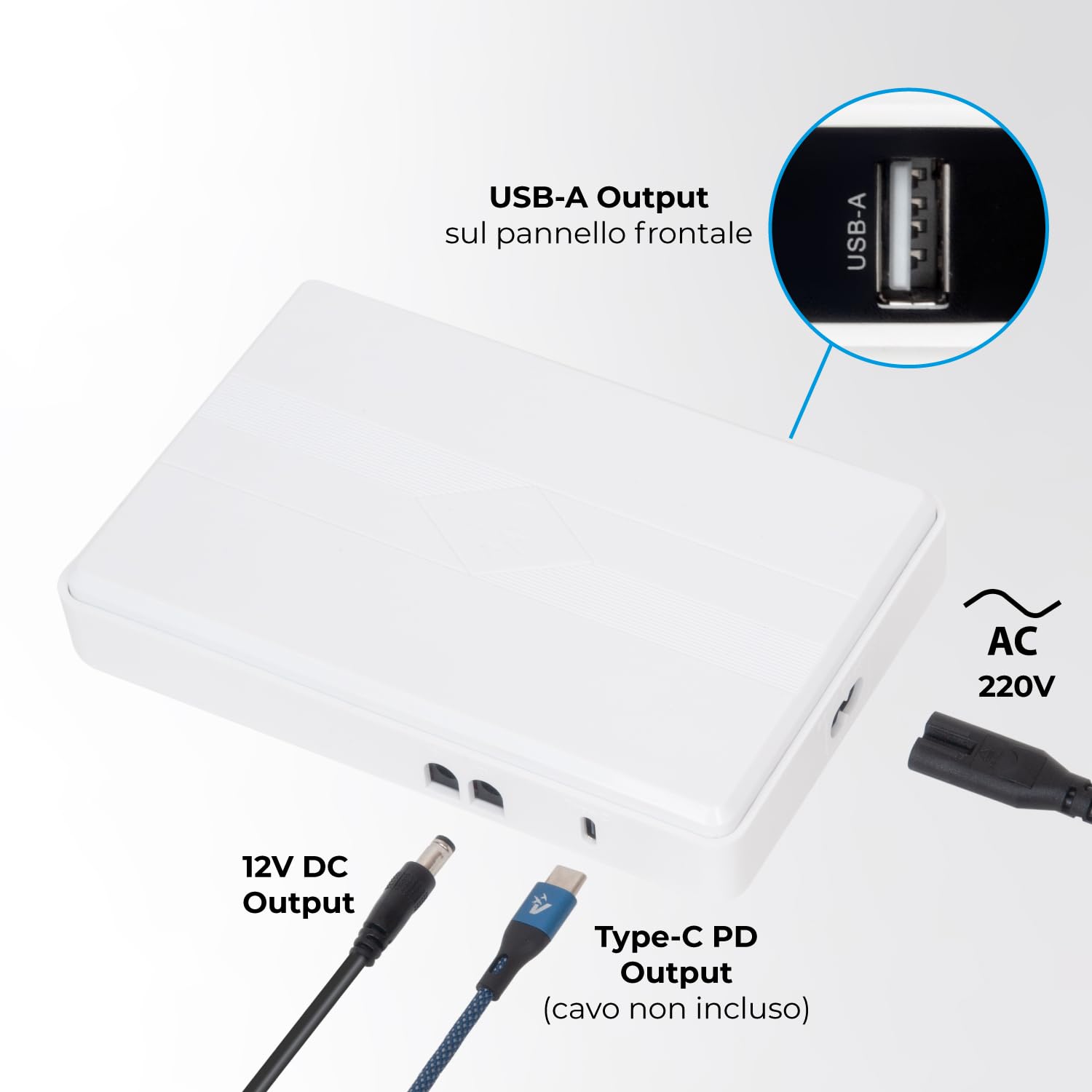 VulTech UPS60PWTC-DC Mini UPS 4350mAh 60W Gruppo di Continuità Portatile per Router Modem Telecamera Power Bank USB 2.4A Type-C PD/QC3 45W DC 12V, bianco