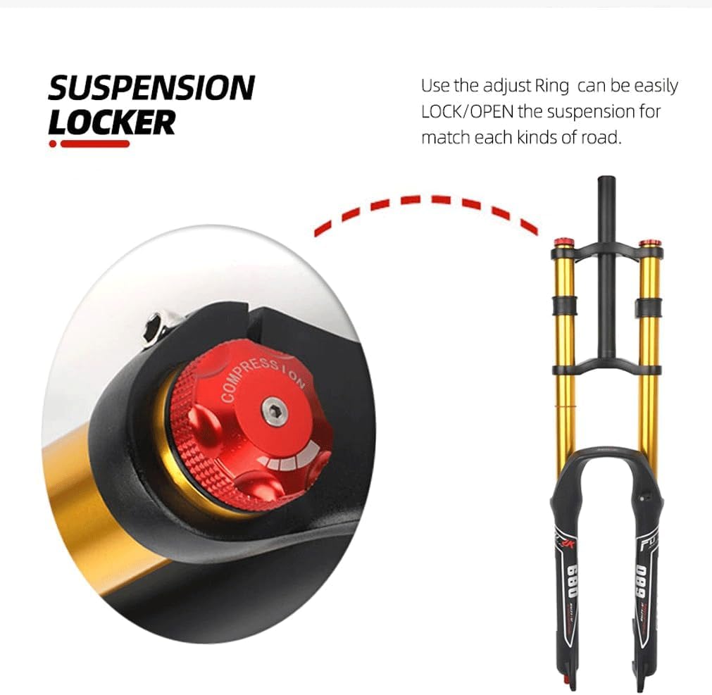 Mountain Bike Suspension Forks 26 Inch Disc Brake MTB Gold Fork 1-1/8" Straight DH Air Fork Travel 135mm Rebound Adjust 1-1/2" Conical Double Shoulder Downhill Fork QR 9mm Manual ckout