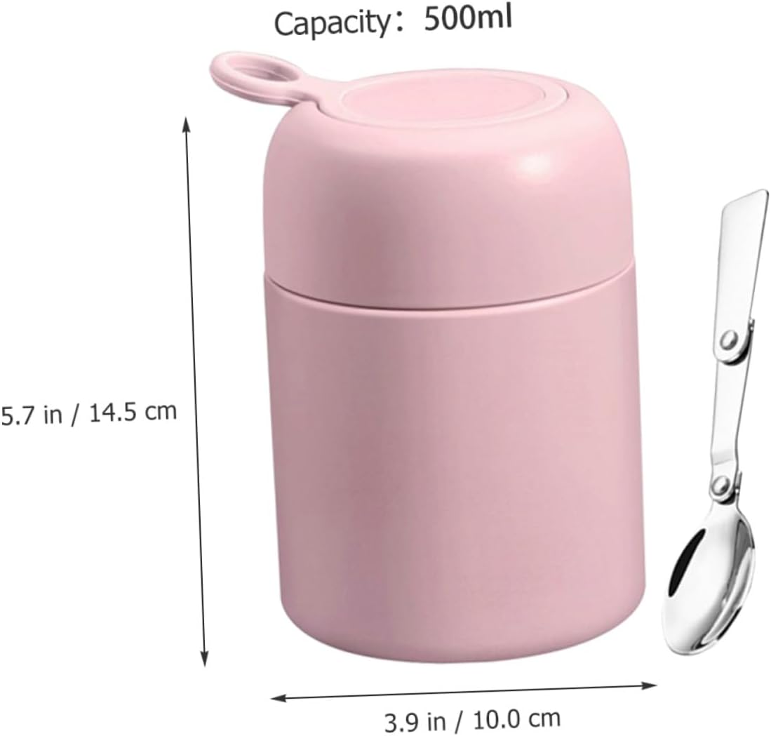 500ml Insulated Soup Cup with Foldable Spoon Portable Thermal Breakfast Food Jar Vacuum Flask for Students and Office Workers Pink