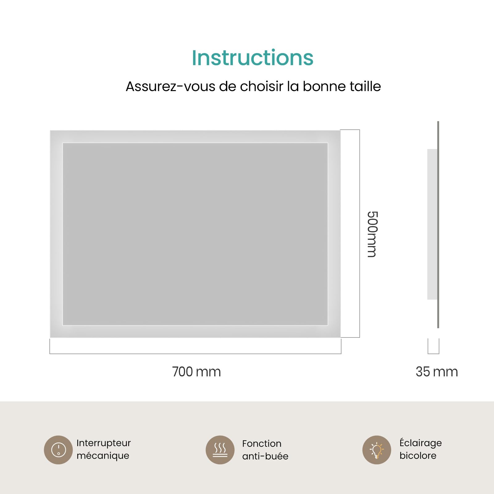 EMKE Miroir Salle de Bain LED Rectangulaire 50x70 cm Interrupteur Bascule | Miroir mural IP44 pour hôtel et maison,Antibuée,Pose verticale ou horizontale,2 couleurs 3000K/6500K
