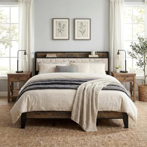 Image of LIKIMIO California King Bed Frame, Storage Headboard with Charging Station, Solid and Stable, Noise Free, No Box Spring Needed, Easy Assembly (Walnut and Beige)