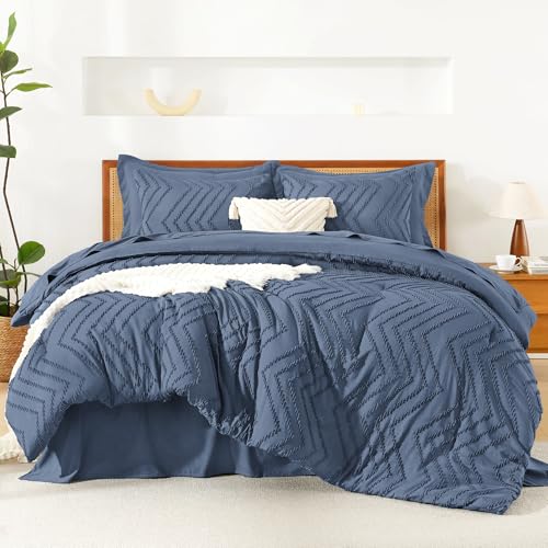 Image of Litanika Super King Plus Size Comforter Set with Sheets Ocean Blue - 7 Pieces Bed in a Bag Oversized King Boho Tufted Complete Bedding Sets with Comforter, Sheets, Pillowcases & Shams