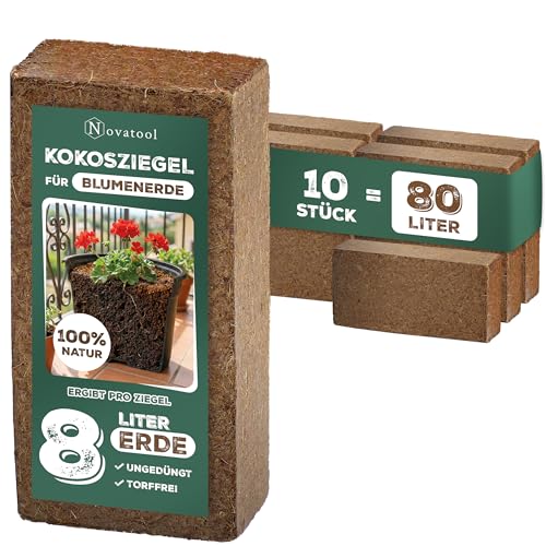 10x Novatool Kokosziegel Humusziegel Kokoserde Blumenerde Zimmerpflanzen 80 Liter 650g 20x5 5x10cm Gartenerde Kokosziegel fein Quelltabletten Kokos Steu und Substrate Kokosblumenerde Pflanzenerde