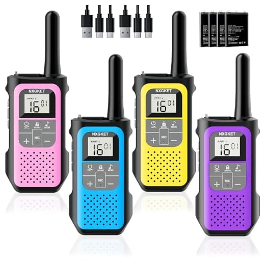Talkie Walkie Enfants Adultes, NXGKET Talkie-walkie Longue Portée 5 km, Rechargeable 16 Canaux Radio avec Batterie Li-ION 1200A mAh, Câble USB-C, VOX pour Plein Air Camping Randonnée, Lot de 4