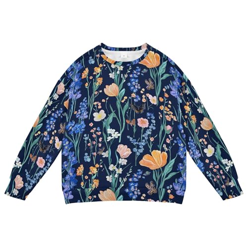 JUNZAN Impressionism Style Blue Flowers Big Boys Sweatshirt Hoodie Long Sleeve Sweatshirt With Hoodie Athletic 4T