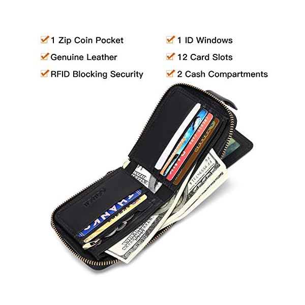 GOIACII Men Wallet Genuine Leather RFID Blocking Bifold Wallet with ID Window Zip Coin Pocket - Image 6