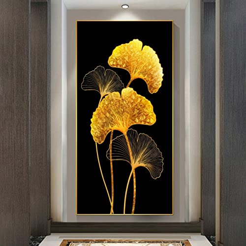 Toile fleur dorée décoration entrée et salon moderne 40x80cm