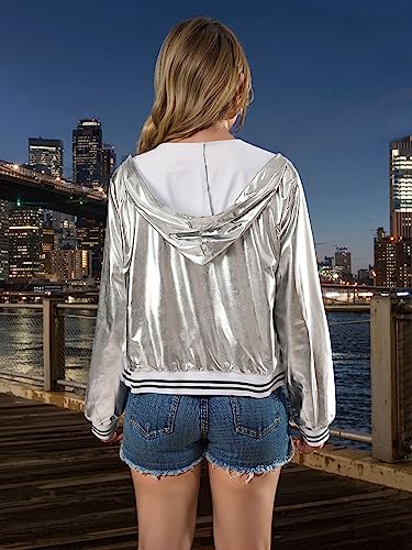 Women Silver Metallic Holographic Glitter Jacket Sparkly Zipper Hooded Concert Rave Party Bomber Jackets with Pocket4