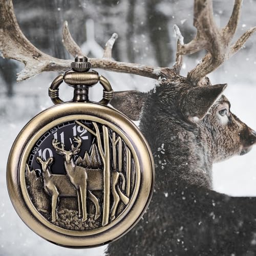 Image of SIBOSUN Pocket Watch with Chain Oversized 50MM 1.96 Inch Deer Reindeer Woodland Men Vintage Box Quartz Pocket Watches Analog