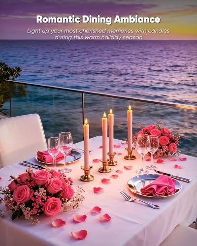 Image of Homemory 3 Pcs Waxy Pink Flameless Taper Candles with Remote Timer, LED Fake Candlesticks, 9.6 Inches Battery Tall Candle with 3D Flickering Flame for Wedding, Dinner, Christmas Anniversary Decor