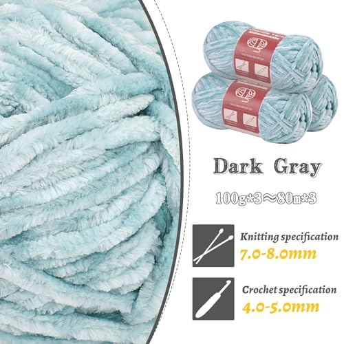 Image of LUNARM Chenille Yarn 3 Pack 3.5oz Chunky Blanket Velvet Yarn 263 Yard | Light Green Chunky Chenille Yarn for Beginners Crocheting Hand Knitting Scarves with Big Eye Needles Machine Washable