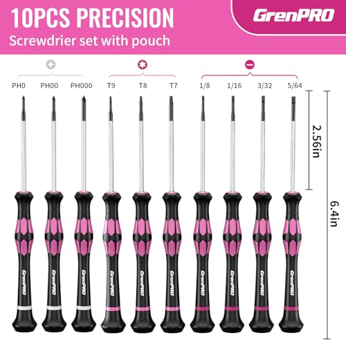 Image of GRENPRO 10-Piece Precision Screwdriver Set, Magnetic Small Screwdrivers with Phillips, Slotted, Torx Star for Eyeglass, Watch, Computer, Laptop, Phone,Pink