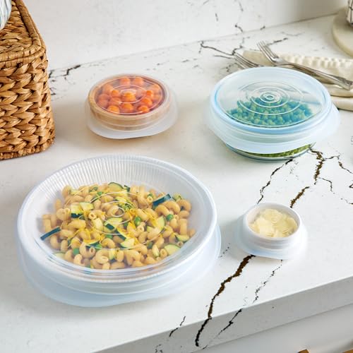 Image of Stasher Premium Reusable Silicon Stretch Lids Variety 4-Pack, Clear, 9 inch, 6.5 inch, 4.5 inch, 2.5 inch | Airtight Seal | Food Container Covers | BPA Free, Leak-free, Dishwasher Safe, Microwave Safe, Eco-Friendly