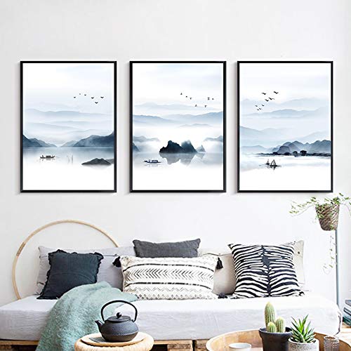Einfache Neue Chinesische Landschaft Landschaft Leinwand Malerei Kunst Abstrakt Druck Poster Bild Wand Wohnzimmer Dekoration 30x42cm(12x17in)x3 Rahmenlos Cover
