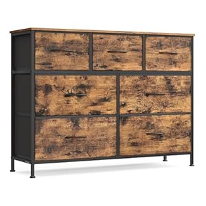 SONGMICS Dresser for Bedroom, Chest of Drawers, Steel, MDF, 7 Non-Woven Fabric Drawers, Storage Organizer Unit, Closet, Entryway, Rustic Brown and Ink Black ULGS323BH04