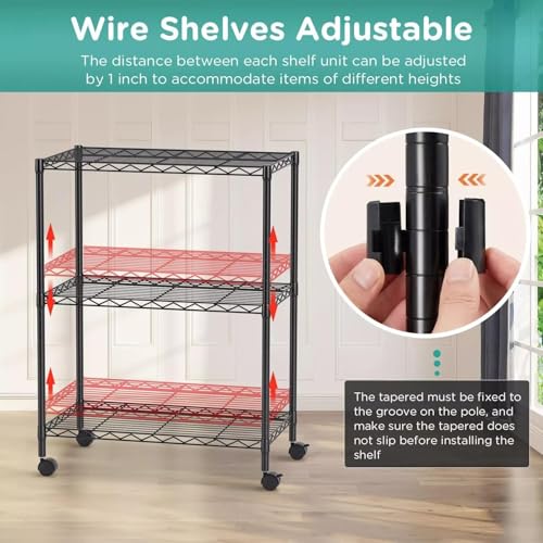 Image of Premium Heavy-Duty 3-Tier Black Metal Wire Storage Rack Shelf Organizer | Adjustable Multipurpose Freestanding Shelving Unit for Home, Office, Kitchen | Size 14 inch D x 30 inch W x 32 inch H Inch