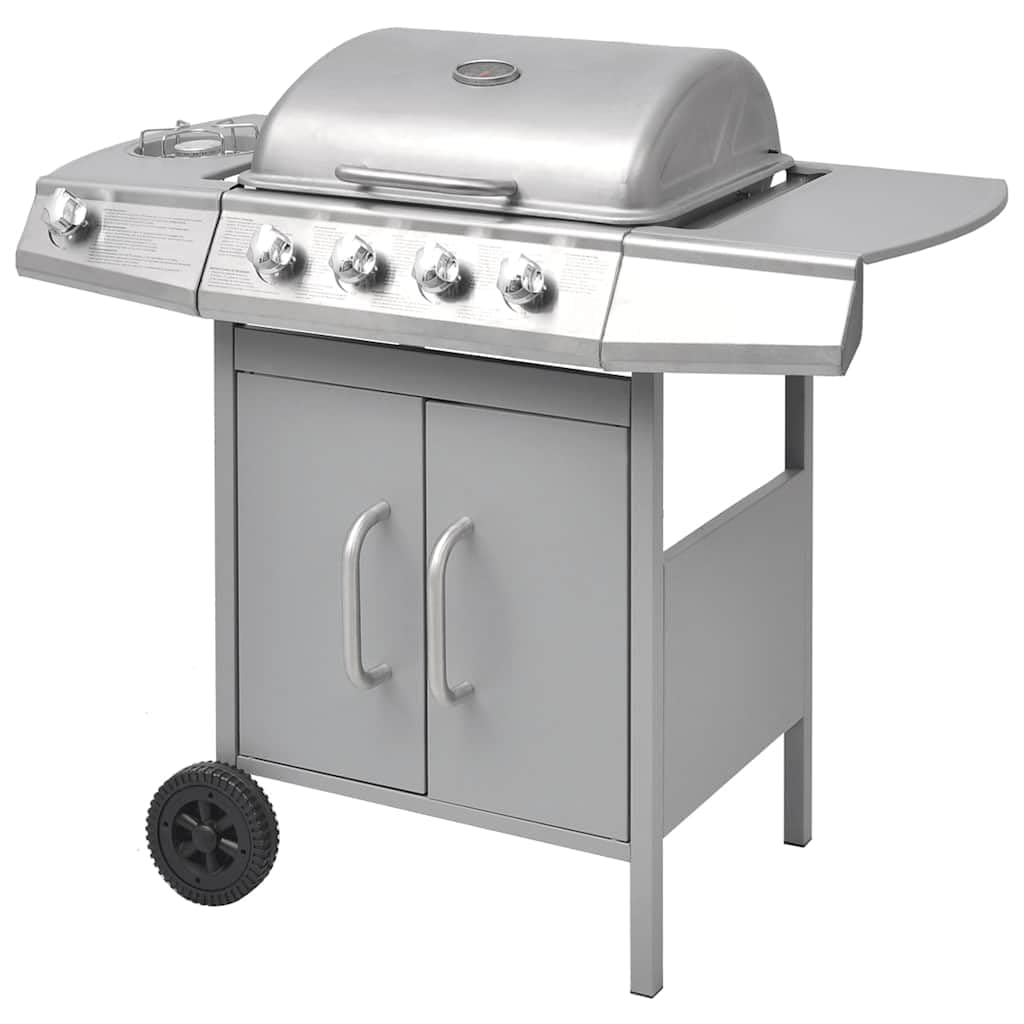 Grill gazowy na srebrnym wózku z 4 palnikami głównymi i 1 palnikiem bocznym, wbudowanym termometrem, stolikiem pomocniczym, szafką do przechowywania i pokrowcem