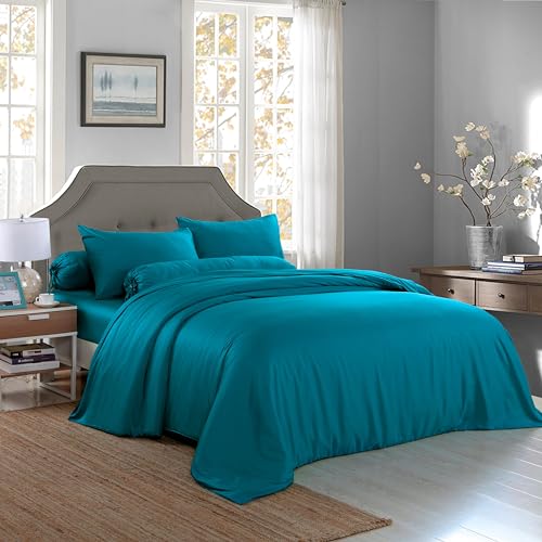 THE MYSTIC LOOM 100% Bamboo Bedding Set | 400 TC Premium Bamboo Bedding Luxury Hotel Quality | 100% Organic Super Soft Breathable Bamboo Bedding Set (Sea Blue, 4 PCS - Double)