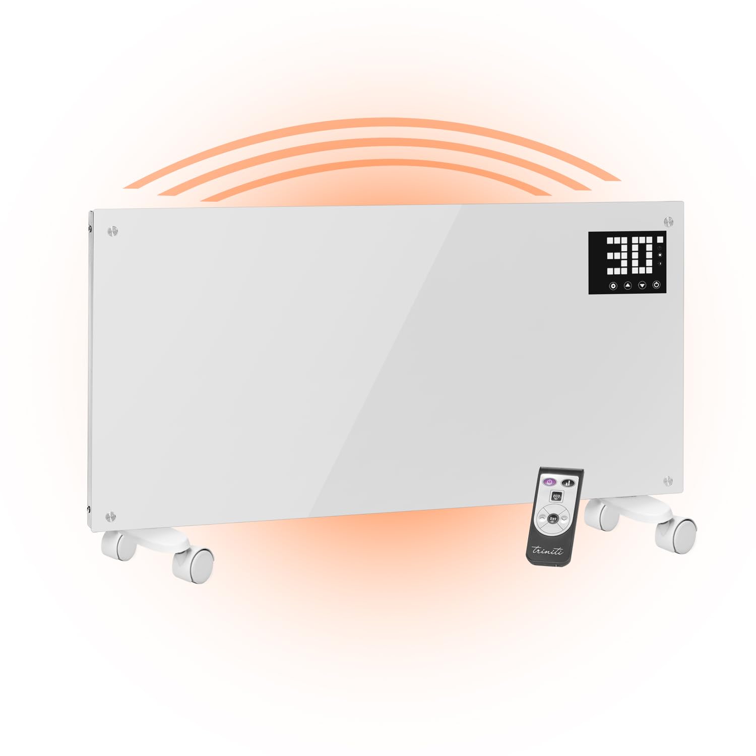 TRINITI Stufa Elettrica Basso Consumo Termostato, Potenza Regolabile, Elegante VETRO TEMPERATO, Display LED, imer, Silenzioso, Sistema Protezione Sicurezza Multiplo, Ruote + Montaggio a Parete, WHITE