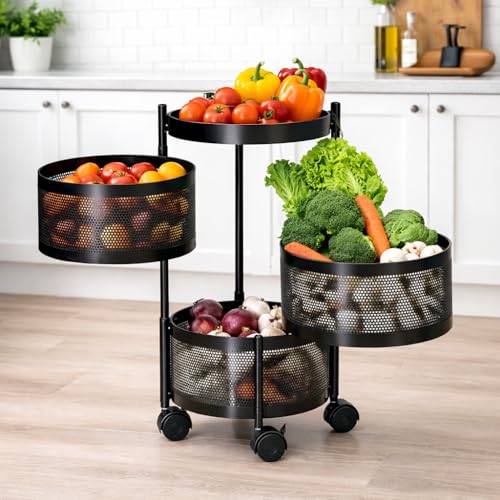 Image of RADIANT 3 Layer Multipurpose Plastic Trolley with Dish Rack for Kitchen Fruit Vegetable Storage Basket Kitchenware Food, Snacks, Toys, Tiered Shelf (Black) (Trolley Round-3 Layer)