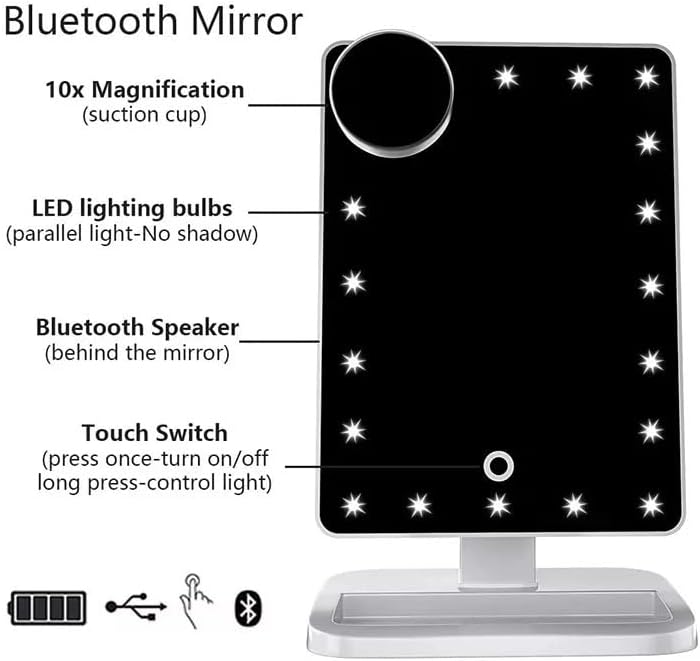Hansong Vanity Makeup Mirror with Lights Bluetooth,Lighted Mirror with 20 LEDs, Touch Screen Wireless Audio Speaker,Detachable 10x Magnification,Rechargeable Power