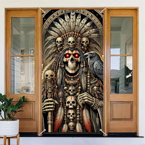 Image of BlissYard Halloween Skeleton Shaman Door Cover 35x71 Inch Fabric | Entry Banner, Wall Backdrop | Skeleton Shaman Door Decor, Party Scene | Porch, Hallway, Photo Area (Haunted House)