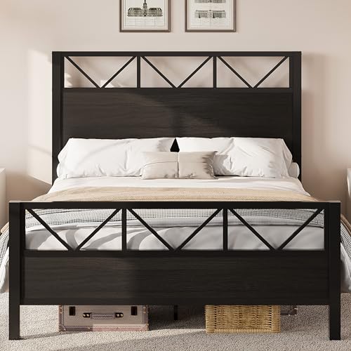 Image of LIKIMIO Queen Bed Frame, Tall Industrial Headboard 51.2 inch, Platform Bed Frame with Strong Metal Support, Solid and Stable, Noise Free, No Box Spring Needed, Easy Assembly, Black