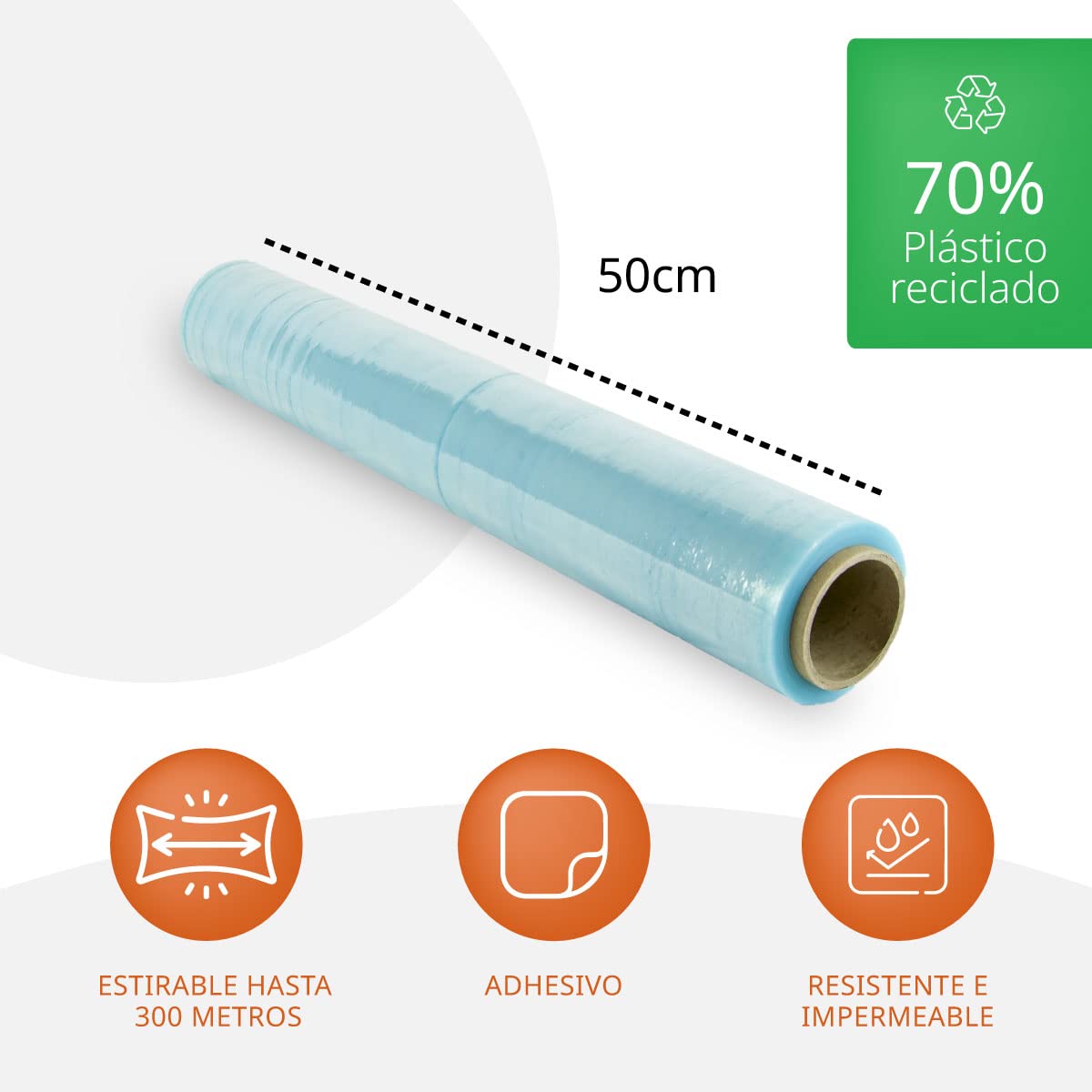 OFITURIA Rollo Film Elástico de Plástico Estirable Transparente 70% Reciclado, 50 cm Extensible 300 m, Largo Protector de Embalaje Industrial Resistente para Embalar y Paletizar, 18 Rollos, COM0412