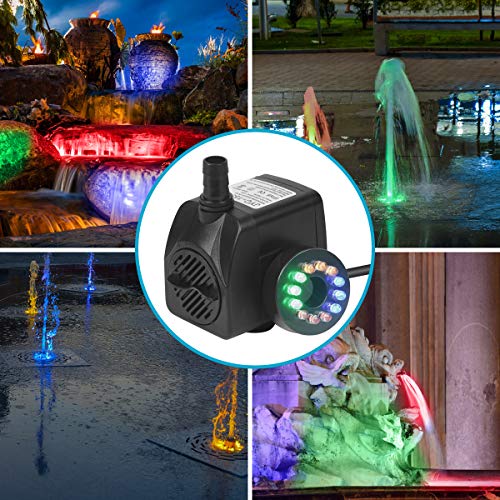 flintronic Wasserpumpe, 12 LED Aquariumpumpe mit 4 Wechselnden Farben 2 Düsen, 15W / 1.5m Teichpumpe für Aquarium, Teich, Brunnen, Haustiere, Garten Keine Geräusch