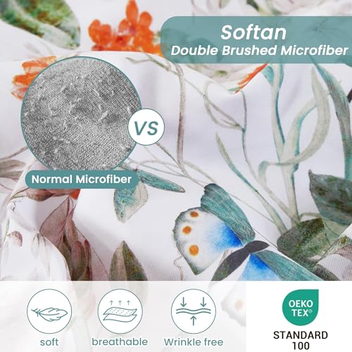 Image of Softan Green Floral Queen Sheet Set, Cozy Microfiber Butterfly Printed Fitted Bed Sheet with 15 inch Deep Pockets & Corner Non-Slip Straps, Botanical Patterned Sheets & Pillowcase Set