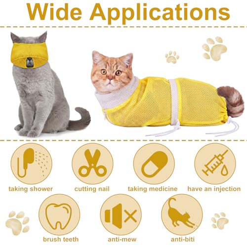 Image of 9 Pcs Cat Bathing Bag Set Cat Shower Bag Anti Bite and Scratch for Pet Grooming Washing Brush Comb Muzzle Nail Clipper Nail File Tick Tool (Yellow)