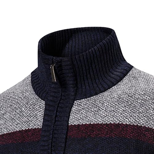 Men's Full Zip Striped Sweater Knit Stand Collar Zipper Long Sleeve Cardigan Tall Big Casual Knitwear Pockets Cardigans (Navy Blue,3X-Large)3