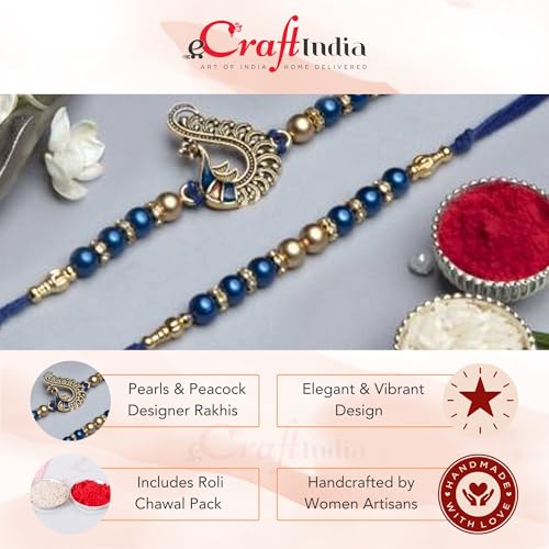 Image of eCraftIndia Set of 2 Blue & Golden Pearls and Peacock Designer Rakhis for Brothers with Chocolate, 2 Cadbury Dairy Milk, 2 Kitkat, Rakhi with Chocolate Gift - Roli Chawal Pack, Greeting Card