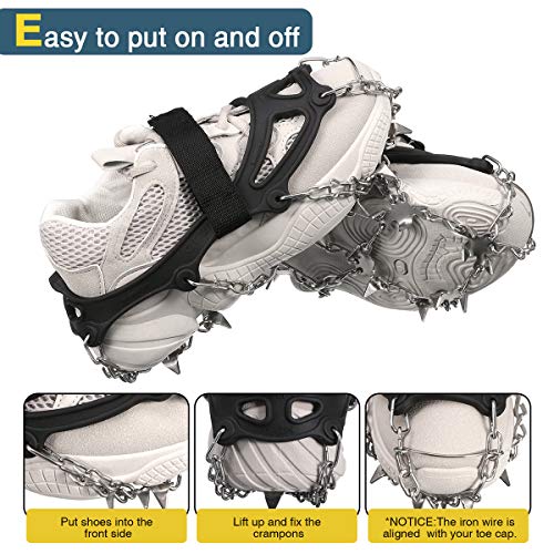 Audew Ice Cleats, Traction Cleats with Anti Slip 19 Stainless Steel Spikes, Winter Crampons Ice Snow Grips for Walking, Jogging, Climbing and Hiking on Snow & Ice (Fit M Size Shoes/Boots)