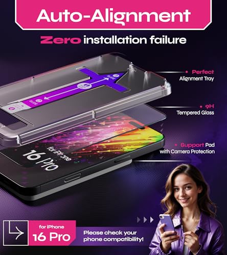 Image of Defenslim Screen Protector for iPhone 16 Pro (2Pack), Easy Auto-Align Install Kit, 6.3 inch Tempered Glass, 9H Hardness, Ultra HD Clear, Case Friendly, EasyShield