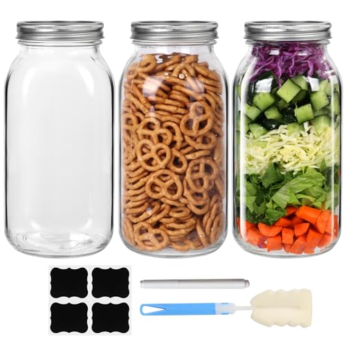 SZUAH 3 Pack Large Mason Jars 64 oz Wide Mouth, Half Gallon Mason Jar with Lids and Band, Canning Jars for Canning & Storing, Labels & Brusher Included