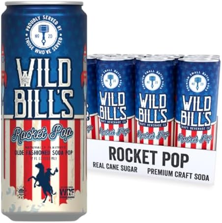 Wild Bill's Rocket Pop Soda Classic Craft Soda Pop Soft Drinks, Sodas Made with Pure Cane Sugar, Caffeine Free, NO High Fructose Corn Syrup, Gluten Free, Vegan, Low Sodium, 12 Oz 12 Pack