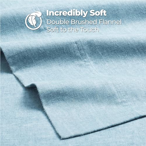 Image of Superior Melange Flannel Cotton Sheet Set, Ultra-Soft Textured Sheets, Modern, Farmhouse Bedding, Basics, Includes; Flat Sheet, Elastic Deep Pocket Fitted Sheet, Pillowcases, King, Blue