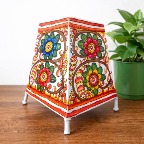 Image of Andhra Leather Craft Lamp Shade, Small (6 inch x 4 inch / Set of 1)- Floral Design | 2 meter wire with bulb holder and socket included - Handpainted Leather Table Lamp: Tholu Bommalata
