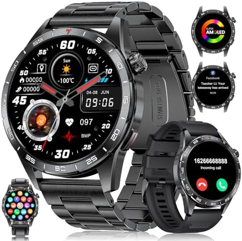 Military Smart Watch for Men(Answer/Make Call),1.43″ AMOLED Always-on Display with 400mAH,110+ Sports Modes Fitness Tracker/Heart Rate Sleep Health Monitor/5ATM Waterproof, for Android iOS(3 Strap)