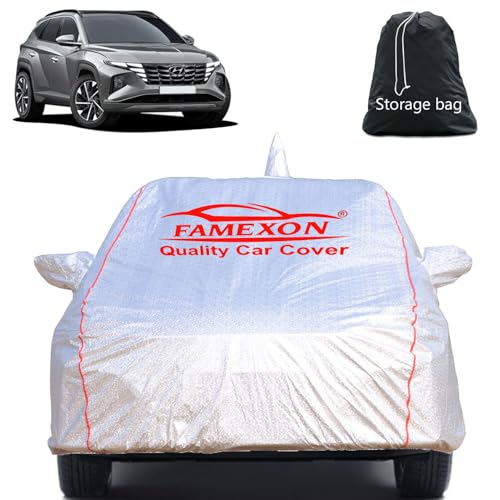 Image of Full Body Car Cover for Hyundai Tucson with Mirror and Antena Pocket Triple Stiched(Silver with Red Piping)